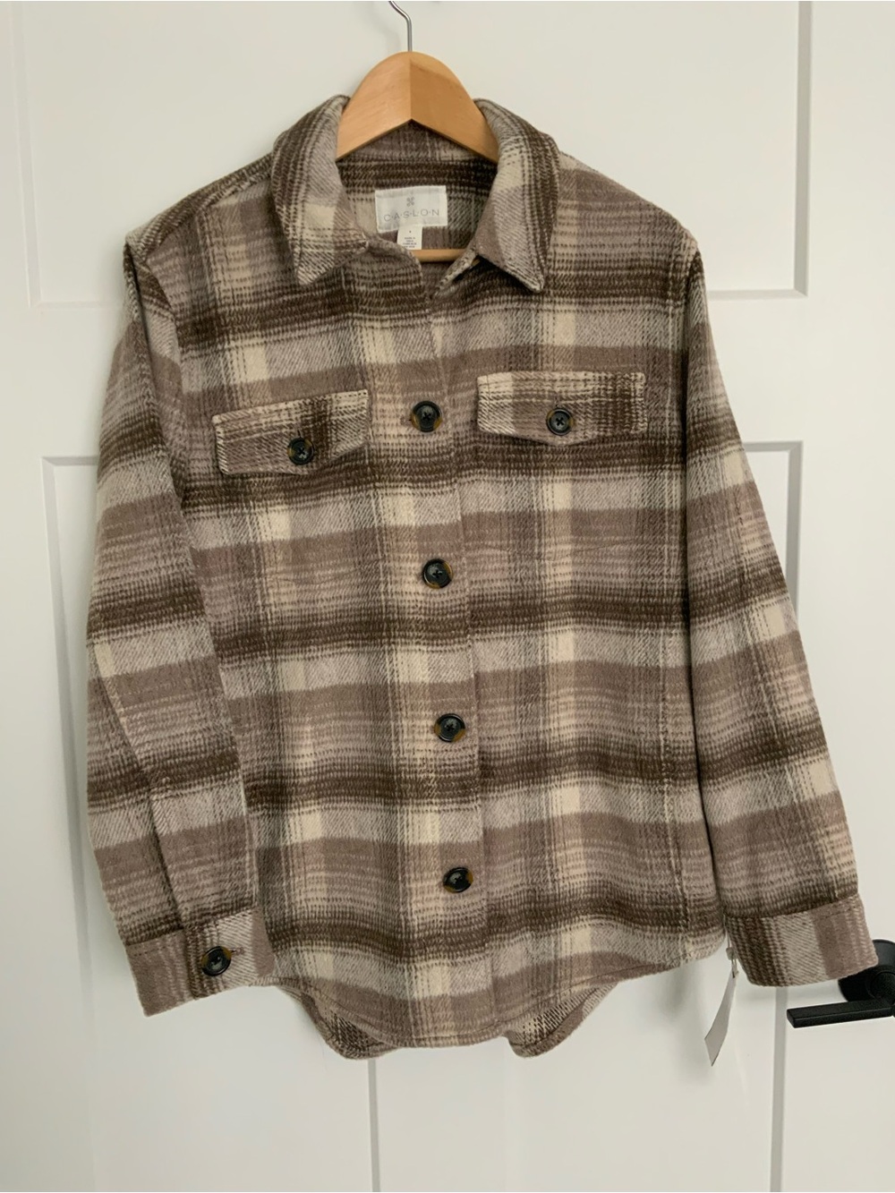 NWT Caslon Plaid Button-Up Flannel Shirt Jacket Brown Cream S